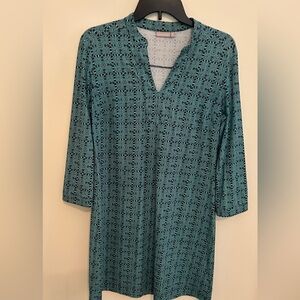 EUC Ellie Kai Green Blue Print 3/4 Sleeve V-Neck Shift Dress Women's Size 6